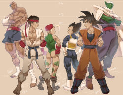 Rule 34 | 1girl, 5boys, absurdres, ahoge, antennae, ass, bad id, bad pixiv id, bald, barefoot, beret, black hair, blonde hair, boots, braid, brown hair, cammy white, camouflage, capcom, cape, character name, colored skin, crossed arms, dougi, dragon ball, dragonball z, eyepatch, fingerless gloves, gloves, green skin, hands on own hips, hat, headband, height chart, highres, huge ahoge, leotard, long hair, manly, multiple boys, muscular, namek, piccolo, pointy ears, ryu (street fighter), sagat, son goku, spiked hair, street fighter, supobi, thong leotard, translation request, turban, vegeta