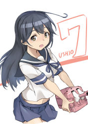 Rule 34 | 1girl, absurdres, adapted costume, ahoge, black hair, blue neckerchief, blue sailor collar, blue skirt, brown eyes, character name, commentary request, cowboy shot, highres, kantai collection, long hair, looking at viewer, midriff peek, minosu, neckerchief, pleated skirt, sailor collar, school uniform, serafuku, skirt, solo, ushio (kancolle), white background