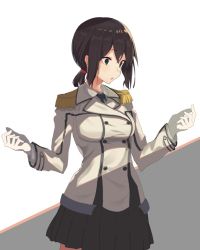 Rule 34 | 1girl, alternate breast size, alternate costume, bad id, bad twitter id, black hair, brown hair, buttons, collared shirt, cosplay, double-breasted, epaulettes, fubuki (kancolle), gloves, hair tie, hands up, jacket, kantai collection, katori (kancolle), katori (kancolle) (cosplay), military, military uniform, miniskirt, necktie, open mouth, oweee, pantyhose, pleated skirt, ponytail, shirt, short hair, short ponytail, sidelocks, skirt, solo, surprised, uniform, white gloves