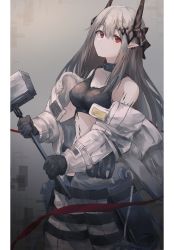 Rule 34 | 1girl, arknights, bare shoulders, black choker, black gloves, border, breasts, choker, cowboy shot, crop top, gloves, grey background, hair between eyes, hammer, highres, holding, holding hammer, holding weapon, horns, infection monitor (arknights), kiyakyuu, long hair, looking at viewer, material growth, medium breasts, midriff, mudrock (arknights), mudrock (elite ii) (arknights), off shoulder, oripathy lesion (arknights), pointy ears, red eyes, silver hair, solo, sports bra, standing, stomach, transparent border, weapon