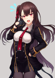 Rule 34 | 1girl, black pantyhose, black skirt, blazer, blush, braid, breasts, collared shirt, cowboy shot, flying sweatdrops, framed breasts, french braid, girls&#039; frontline, gloves, hair ribbon, half updo, hand on own hip, high-waist skirt, jacket, kyoeiki, large breasts, long hair, long sleeves, looking at viewer, necktie, one side up, open mouth, pantyhose, pelvic curtain, purple hair, red eyes, red necktie, ribbon, shirt, sidelocks, simple background, skirt, solo, striped clothes, striped shirt, thighband pantyhose, tsundere, very long hair, wa2000 (girls&#039; frontline)