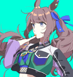 Rule 34 | 1girl, animal ears, aqua background, blue bow, bow, brown hair, closed mouth, commentary request, crop top, cropped jacket, ear ornament, ear piercing, finger to mouth, highres, horse ears, horse girl, jacket, jewelry, long hair, long sleeves, multicolored clothes, multicolored jacket, multicolored nails, nail polish, necklace, piercing, purple eyes, simple background, solo, tosen jordan (umamusume), twintails, twitter username, umamusume, upper body, yezi (yo10ru29ko)