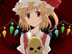 Rule 34 | 1girl, bad id, bad pixiv id, blonde hair, blouse, collared shirt, female focus, flandre scarlet, hat, mob cap, red background, red eyes, shirt, short hair, side ponytail, skull, solo, touhou, upper body, waiko, white hat, white shirt, wings
