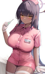 1girl :/ black_hair blue_archive breasts collared_dress commentary_request dark-skinned_female dark_skin dress gloves halo hat highres holding holding_thermometer id_card karin_(blue_archive) kihou_no_gotoku_dmc large_breasts long_hair looking_at_viewer nurse nurse_cap paid_reward_available pink_dress purple_halo simple_background sitting solo thermometer thighhighs white_gloves white_thighhighs yellow_eyes