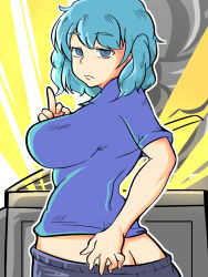 Rule 34 | 1girl, ass, blouse, blue eyes, blue hair, blue shirt, breasts, butt crack, cookie (touhou), expressionless, hekiga (freelot), highres, kawashiro nitori, kofji (cookie), large breasts, looking at viewer, middle finger, printer, shirt, short hair, smoke, solo, tagme, two side up
