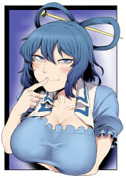 Rule 34 | 1girl, arm under breasts, blue eyes, blue hair, blush, border, breasts, cleavage, closed mouth, collarbone, commentary request, finger to mouth, hair ornament, hair stick, highres, kaku seiga, large breasts, looking at viewer, nicutoka, short hair, short sleeves, smile, solo, touhou, upper body