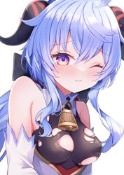 Rule 34 | 1girl, ahoge, bare shoulders, bell, black bodysuit, black bow, blue hair, blush, bodysuit, bow, breasts, cape, closed mouth, commentary request, crossed bangs, detached sleeves, ganyu (genshin impact), genshin impact, gold, grey cape, hair bow, horns, jewelry, long hair, long sleeves, looking at viewer, medium breasts, neck bell, one eye closed, ponytail, purple eyes, sidelocks, simple background, solo, torn clothes, upper body, waist cape, white background, wide sleeves, yua (bokubo0806)