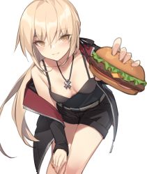 Rule 34 | 1girl, artoria pendragon (all), artoria pendragon (fate), bare shoulders, belt, black jacket, black shirt, black shorts, blonde hair, breasts, brown eyes, burger, camisole, commentary request, fate/grand order, fate (series), food, hand on own thigh, holding, holding food, jacket, jewelry, kildir, leaning forward, long hair, looking at viewer, medium breasts, necklace, off shoulder, official alternate costume, open clothes, open jacket, outstretched arm, saber alter, saber alter (ver. shinjuku 1999) (fate), shirt, short shorts, shorts, sleeveless, sleeveless shirt, smile, solo, standing, thighs
