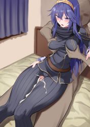 Rule 34 | 1girl, bed, blue hair, blush, grabbing another&#039;s breast, breasts, censored, clothed female nude male, cum, cum on body, cum on clothes, cum on legs, cum on lower body, fire emblem, fire emblem awakening, grabbing, highres, long hair, lucina (fire emblem), manno (kanpi2100), medium breasts, nintendo, nude, open mouth, penis, sitting, sitting on person, thick thighs, thigh sex, thighs, tiara