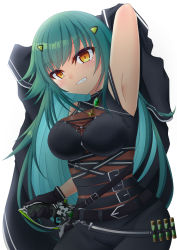 Rule 34 | 1girl, arm up, armpits, belt, belt buckle, black belt, black skirt, breasts, brown eyes, buckle, clenched teeth, commentary request, green hair, hair ornament, hairclip, holding, holding sword, holding weapon, kitakoji hisui, kitakoji hisui (2nd costume), looking at viewer, medium breasts, nijisanji, noname (reticulian), simple background, skirt, sleeveless, solo, sword, sword behind back, teeth, vial, virtual youtuber, weapon, white background