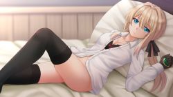 Rule 34 | 10s, 1girl, bed sheet, black bra, black gloves, black ribbon, black thighhighs, blonde hair, blue eyes, blurry, blurry background, bottomless, bow, bow bra, bra, breasts, cleavage, closed mouth, collarbone, commentary, crying, crying with eyes open, depth of field, dress shirt, female focus, gloves, hair between eyes, hair intakes, hair ribbon, hand up, highres, holding, kazenokaze, long hair, long sleeves, looking at viewer, low ponytail, lying, medium breasts, navel, on back, open clothes, open shirt, partially unbuttoned, pillow, ponytail, ribbon, shirt, skindentation, solo, tears, thighhighs, underwear, violet evergarden, violet evergarden (series), white shirt