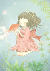 1girl bad_id bad_pixiv_id blush brown_hair dress closed_eyes fish long_hair original plant red_dress ribbon toko112 tokoyu underwater