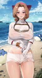 Rule 34 | 1girl, absurdres, bandana, beach, blush, bracelet, breasts, brown eyes, brown hair, commission, cowboy shot, creatures (company), curly hair, game freak, gen 3 pokemon, gloves, goggles, goggles around neck, gompang 11, highres, jewelry, large breasts, looking at viewer, navel, nintendo, palina (pokemon), pants, pokemon, pokemon legends: arceus, shirt, short hair, short shorts, shorts, sky, solo focus, spheal, thighs, wet, wet clothes, white gloves, white pants, white shirt, wringing clothes