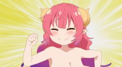 Rule 34 | 1girl, :3, animated, animated gif, blunt bangs, blush, bouncing breasts, breasts, closed eyes, collarbone, dragon girl, dragon horns, horns, huge breasts, ilulu (maidragon), kobayashi-san chi no maidragon, long hair, motion lines, nude, open mouth, out-of-frame censoring, pink hair, pointy ears, running, screencap, shortstack, sidelocks, solo