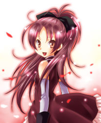 Rule 34 | 10s, 1girl, bad id, bad pixiv id, bare shoulders, bow, dress, fang, female focus, gradient background, hair bow, long hair, magical girl, mahou shoujo madoka magica, mahou shoujo madoka magica (anime), petals, ponytail, red eyes, red hair, sakura kyoko, solo, wauwa, white background