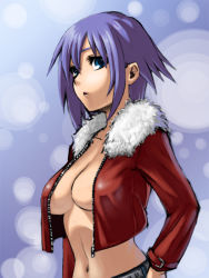 Rule 34 | 1girl, belt, blue eyes, breasts, character request, cleavage, cropped jacket, jacket, navel, open clothes, open jacket, open mouth, pants, purple hair, short hair, snow, solo, yahara fuduki, yahara fuzuki