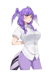 Rule 34 | 1girl, ahoge, alternate costume, ameiarts, blue eyes, blush, braid, breasts, closed mouth, collared shirt, cowboy shot, cropped legs, dragon girl, dragon tail, fang, from side, head wings, heterochromia, large breasts, long hair, looking at viewer, nijisanji, nijisanji en, pants, purple eyes, purple hair, purple pants, raised eyebrow, selen tatsuki, shirt, short sleeves, simple background, skin fang, slit pupils, solo, swept bangs, tail, taut clothes, taut shirt, transparent background, twin braids, virtual youtuber, white background, white shirt, wings