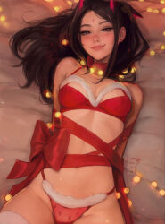 Rule 34 | 1girl, artist name, bare shoulders, bow, breasts, brown hair, christmas, closed mouth, commentary, english commentary, facial mark, forehead mark, fur-trimmed panties, fur trim, groin, highres, kittew, long hair, lying, medium breasts, navel, on back, on bed, original, panties, patreon username, pink lips, red bow, red panties, smile, solo, underwear