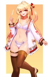 Rule 34 | 1girl, ahoge, blonde hair, bra, breasts, breasts apart, collarbone, feet out of frame, fortissimo, frilled bra, frills, hair ornament, hair ribbon, highres, hololive, hololive dev is, jacket, lingerie, long hair, looking to the side, musical note, musical note hair ornament, navel, notte, one side up, open clothes, open mouth, orange eyes, otonose kanade, panties, red eyes, red ribbon, ribbon, sleeves past fingers, sleeves past wrists, small breasts, smile, solo, standing, standing on one leg, thigh strap, thighhighs, underwear, virtual youtuber, white jacket