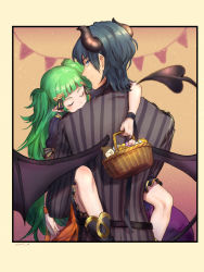 Rule 34 | 1boy, 1girl, alternate costume, ascot, basket, black headwear, black skirt, blue eyes, blue hair, blunt bangs, bow, braid, byleth (fire emblem), byleth (male) (fire emblem), candy, carrying, costume, demon horns, demon wings, dress, fire emblem, fire emblem: three houses, fire emblem heroes, food, green hair, halloween, halloween costume, hat, holding, horns, lollipop, long hair, looking back, matching hair/eyes, multicolored hair, nintendo, oboro x, official alternate costume, open door, open mouth, orange dress, pointy ears, puffy short sleeves, puffy sleeves, sash, short sleeves, simple background, skirt, sleeping, smile, sothis (fire emblem), striped, twin braids, very long hair, wings, wristband