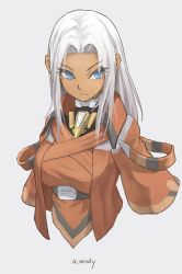 Rule 34 | 1girl, achillex mouly, adapted costume, armor, blue eyes, breasts, dark skin, dark-skinned female, elma (xenoblade x), grey background, highres, long hair, medium breasts, nintendo, red armor, simple background, solo, underbust, white hair, xenoblade chronicles (series), xenoblade chronicles x