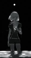 Rule 34 | 1other, androgynous, bad id, bad twitter id, black background, colored eyelashes, crack, diamond (houseki no kuni), elbow gloves, eyes visible through hair, full moon, gem uniform (houseki no kuni), gloves, greyscale, hand on own chest, highres, houseki no kuni, looking at viewer, monochrome, moon, open clothes, open shirt, partially submerged, sad smile, short hair, smile, solo, sparkle, thighhighs, wading, water