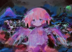 Rule 34 | 1girl, abstract, aqua eyes, artist name, bad id, bad twitter id, collared shirt, expressionless, female focus, glasses, looking at viewer, original, pink hair, shirt, short hair, solo, tabmur, upper body, wings
