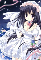 Rule 34 | 1girl, absurdres, black hair, breasts, bridal veil, cleavage, dress, flower, garter straps, gloves, highres, jewelry, korie riko, necklace, pearl necklace, purple eyes, ribbon, rose, solo, thighhighs, veil, wedding dress, white gloves, white thighhighs