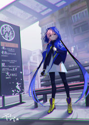 Rule 34 | 1girl, absurdres, bench, billboard, black pantyhose, black poi, blue capelet, blue eyes, braid, building, capelet, chinese commentary, closed mouth, commentary request, day, dress, full body, hand up, highres, holding, holding microphone, hood, hood up, hooded capelet, hooded jacket, jacket, kaf (kamitsubaki studio), kamitsubaki studio, long hair, long sleeves, looking at viewer, microphone, outdoors, pantyhose, pink hair, red pupils, shadow, shirt, solo, standing, very long hair, virtual youtuber, white dress, yellow footwear