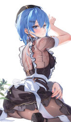 Rule 34 | 1girl, absurdres, ahoge, apron, arm support, arm up, ass, back bow, belt, black belt, black dress, black footwear, black headwear, black pantyhose, blue eyes, blue gemstone, blue hair, blush, bow, breasts, chair, clothes lift, commentary, day, dress, dress lift, earrings, english commentary, frilled apron, frilled dress, frills, gem, hair between eyes, hair ornament, hairclip, highres, hololive, hoshimachi suisei, hoshimachi suisei (maid), houkisei, jewelry, leaf, lifted by self, looking at viewer, looking back, maid apron, medium breasts, medium hair, nail polish, paid reward available, pantyhose, parted lips, pink nails, plant, see-through, see-through shirt, short sleeves, sidelocks, simple background, sitting, solo, thighs, virtual youtuber, wariza, white apron, white background, window