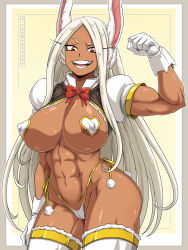 Rule 34 | abs, animal ears, areola slip, artist name, boku no hero academia, breasts, cameltoe, cleft of venus, covered erect nipples, dark-skinned female, dark skin, female focus, highres, large breasts, long hair, looking at viewer, mirko, muscular, muscular female, open mouth, pasties, rabbit ears, rabbit girl, rabbit tail, red eyes, sano br, solo, tail, thick thighs, thighs, white hair