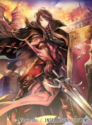 Rule 34 | 1girl, armor, armored dress, cape, castle, closed mouth, commentary request, company name, fire emblem, fire emblem: new mystery of the emblem, fire emblem cipher, gauntlets, holding, holding weapon, long hair, looking at viewer, nagahama megumi, nintendo, official art, outdoors, polearm, red eyes, sheena (fire emblem), shield, sidelocks, solo, spear, standing, sunset, very long hair, weapon