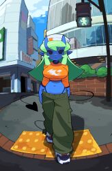 Rule 34 | 1girl, absurdres, bacun, baggy pants, beanie, black eyes, blue skin, blue sky, blunt ends, breasts, building, bush, cargo pants, city, closed mouth, colored skin, commentary, crop top, demon girl, demon tail, english commentary, expressionless, green hair, green pants, hat, highleg, highleg panties, highres, horns, large breasts, looking at viewer, midriff, navel, no pupils, orange shirt, original, panties, pants, pointy ears, print shirt, reflection, road, shadow, shirt, shoes, sidelocks, sign, skin-covered horns, sky, skyscraper, sneakers, solo, standing, stomach, tail, underwear, white hat