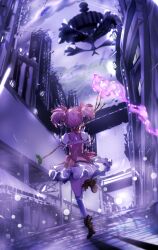 Rule 34 | 1girl, absurdres, bow (weapon), bridge, choker, city, cityscape, cloud, cloudy sky, eldritch abomination, frilled skirt, frilled sleeves, frills, glowing, glowing weapon, highres, holding, holding bow (weapon), holding weapon, kaname madoka, kaname madoka (magical girl), leaf, leg up, looking back, magical girl, mahou shoujo madoka magica, outdoors, pink eyes, pink hair, red choker, running, sengoku chidori, short twintails, skirt, sky, solo, solo focus, staff, twintails, walpurgisnacht (madoka magica), weapon, witch (madoka magica)