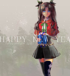 Rule 34 | 10s, 1girl, 2012, argyle, argyle clothes, argyle legwear, bad id, bad pixiv id, black hair, black thighhighs, blue eyes, box, capelet, fate/stay night, fate (series), gift, gift box, hair ribbon, happy new year, long hair, new year, pleated skirt, ribbon, skirt, snowing, thighhighs, tohsaka rin, twintails, two side up, vanink, zettai ryouiki