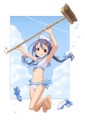 Rule 34 | 1girl, :p, anchor symbol, armpits, arms up, barefoot, bikini, black hair, blush, bow, braid, broom, brown eyes, cloud, commentary request, contrail, day, fugo, full body, hair bow, hair ornament, hairclip, hat, high heels, holding, holding broom, idolmaster, idolmaster cinderella girls, jumping, long hair, miyoshi sana, navel, sailor bikini, sailor collar, sailor hat, sailor swimsuit (idolmaster), sandals, shoes, sky, smile, solo, spread toes, striped, striped bow, swimsuit, toes, tongue, tongue out, twin braids, unworn shoes, water, water drop
