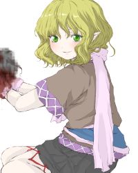 Rule 34 | 1girl, arm warmers, arms up, blonde hair, blood, censored, dress, green eyes, highres, layered dress, looking at viewer, looking back, matsushiro sasaka, mizuhashi parsee, mosaic censoring, pointy ears, short hair, short sleeves, simple background, smile, solo, touhou, white background