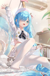 Rule 34 | 1girl, absurdly long hair, aqua eyes, arino ayarei, artist name, ascot, azur lane, beret, black ascot, blue hair, book, bookshelf, braid, cat, clothes lift, crop top, falling petals, feet, hair over one eye, hat, hat ribbon, highres, janus (azur lane), janus (fear of changing...clothes) (azur lane), knee up, legs, lifting own clothes, long hair, long sleeves, mirror, open mouth, panties, panties under pantyhose, pantyhose, petals, plant, pleated skirt, potted plant, red ribbon, revision, ribbon, sailor collar, shirt, signature, sitting, skirt, skirt lift, solo, stretching, swept bangs, teeth, thighband pantyhose, toes, tongue, underwear, upper teeth only, very long hair, white hat, white panties, white pantyhose, white sailor collar, white shirt, white skirt, yawning