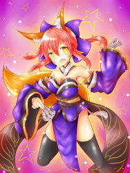 Rule 34 | 10s, 1girl, absurdres, animal ears, black thighhighs, blue thighhighs, bow, breasts, cleavage, collarbone, detached sleeves, fang, fate/extra, fate/grand order, fate (series), fox ears, fox tail, hair bow, hair ribbon, highres, japanese clothes, large breasts, open mouth, pink hair, ribbon, solo, tail, tamamo no mae (fate/extra), thighhighs, tsumiko96, yellow eyes