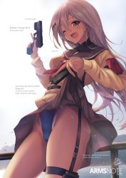 Rule 34 | 1girl, ;d, ammunition, arms note, bird, blonde hair, blue one-piece swimsuit, blue sky, blush, brown eyes, brown skirt, clothes lift, competition swimsuit, cowboy shot, day, english text, fang, fukai ryosuke, gun, hair between eyes, hair ornament, hairclip, hand up, handgun, holding, holding gun, holding weapon, holster, lifting own clothes, long hair, long sleeves, looking at viewer, machine pistol, magazine (weapon), neckerchief, one-piece swimsuit, one eye closed, open mouth, outdoors, pistol, railing, red neckerchief, river, school uniform, serafuku, signature, skirt, skirt lift, sky, smile, solo, standing, striped clothes, striped one-piece swimsuit, submachine gun, swimming club kouhai (fukai ryousuke), swimsuit, swimsuit under clothes, thigh holster, thigh strap, thighs, trigger discipline, upper body, vertical-striped clothes, vertical-striped one-piece swimsuit, very long hair, weapon