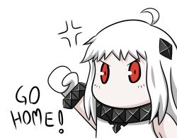Rule 34 | 10s, 1girl, abyssal ship, ahoge, anger vein, colored skin, dress, english text, kantai collection, long hair, lunarisaileron, mittens, northern ocean princess, pale skin, red eyes, simple background, white dress, white hair, white skin