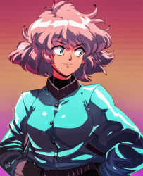 Rule 34 | 1990s (style), 1girl, big hair, blue eyes, blue jacket, breasts, buttons, commentary, david liu, english commentary, film grain, hands in pockets, highres, jacket, looking afar, medium breasts, pi (space maria), pink hair, retro artstyle, short hair, smile, solo, space maria, upper body
