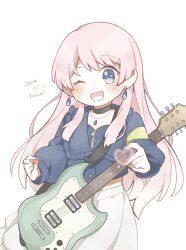 1girl bang_dream! bang_dream!_it&#039;s_mygo!!!!! black_choker blue_jacket chihaya_anon choker commentary dated earrings electric_guitar fang guitar half-heart_hands heart heart_in_eye highres holding holding_plectrum instrument jacket jewelry long_hair necklace open_mouth pink_hair plectrum simple_background skirt solo symbol-only_commentary symbol_in_eye teeth upper_teeth_only white_background white_skirt yachi_(m104yj)