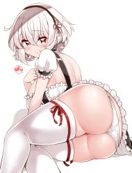 Rule 34 | 1girl, arato asato, ass, azur lane, bare back, blush, breasts, brown eyes, butt crack, commentary request, frills, hair between eyes, hairband, heart, highres, huge ass, large breasts, looking at viewer, panties, puffy short sleeves, puffy sleeves, short hair, short sleeves, sirius (azur lane), skindentation, smile, solo, spoken heart, thick thighs, thighhighs, thighs, underwear, white hair, white panties, white thighhighs, wide hips