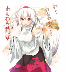 Rule 34 | 1girl, akeboshi kagayo, animal ears, bad id, bad pixiv id, breasts, detached sleeves, female focus, hat, inubashiri momiji, red eyes, short hair, solo, standing, tail, tokin hat, touhou, translation request, white background, white hair, wolf ears, wolf tail