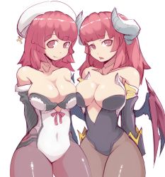 Rule 34 | 2girls, asymmetrical docking, bad id, bad pixiv id, bare shoulders, blunt bangs, breast press, breasts, cleavage, corset, demon girl, demon wings, detached sleeves, dual persona, female focus, groin, hat, hip focus, horns, la pucelle, large breasts, long hair, maou prier, multiple girls, multiple persona, pantyhose, prier, red hair, simple background, standing, symmetrical docking, white background, wide hips, wings, zako (arvinry)