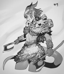 Rule 34 | 1girl, absurdres, axe, bracelet, capelet, commentary, cowboy shot, cropped legs, dual wielding, fur capelet, fur skirt, grey background, greyscale, grin, hair between eyes, highres, holding, holding axe, horns, jewelry, less, looking away, midriff peek, monochrome, original, pointy ears, profile, simple background, skull, smile, solo, tail, weapon