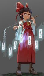 Rule 34 | 1girl, absurdres, ascot, boots, bow, brown eyes, brown footwear, brown hair, collared shirt, detached sleeves, dress, frilled bow, frilled hair tubes, frilled shirt collar, frills, gohei, grey background, hair bow, hair tubes, hakama, hakama skirt, hakurei reimu, high heels, highres, iroiro yaru hito, japanese clothes, medium hair, ofuda, red bow, red dress, red hakama, ribbon-trimmed sleeves, ribbon trim, serious, shirt, short ponytail, sidelocks, simple background, skirt, sleeveless, sleeveless dress, solo, touhou, white sleeves, wide sleeves, yellow ascot