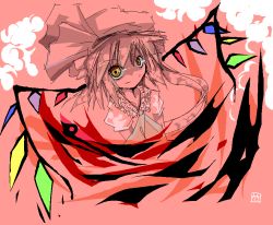 Rule 34 | 1girl, ascot, female focus, flandre scarlet, hat, hat ribbon, looking at viewer, mob cap, monochrome, orange eyes, puffy sleeves, red theme, ribbon, side ponytail, solo, take tonbo, touhou, wings
