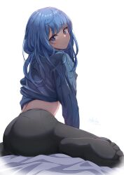 Rule 34 | 1girl, absurdres, ass, black pants, blue eyes, blue hair, blue shirt, closed mouth, hashira 14, head tilt, highres, hololive, hoshimachi suisei, long hair, long sleeves, looking at viewer, looking back, midriff, no shoes, pants, shirt, sitting, soles, solo, tight clothes, tight pants, virtual youtuber, wariza, wavy hair